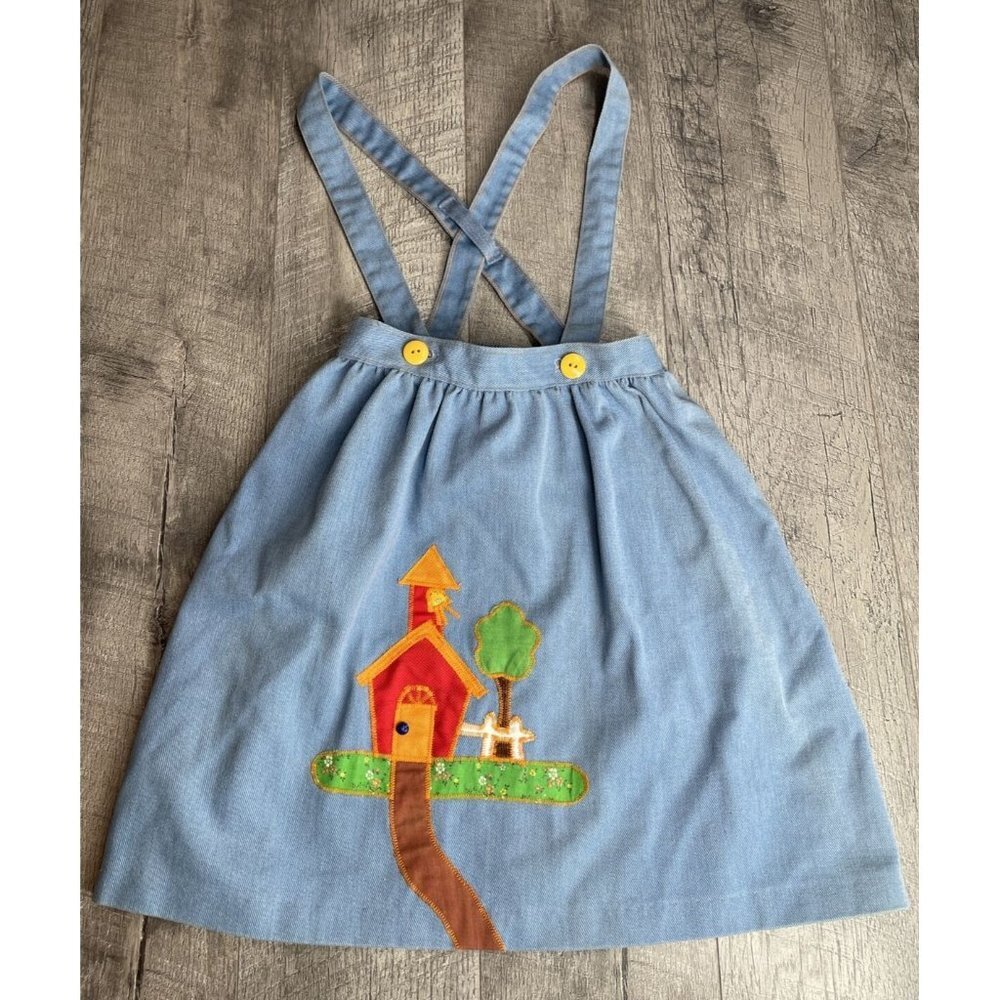 Vintage 70 Overall Dress Girls 7 Blue Denim Skirt School Prairie House‎ Applique